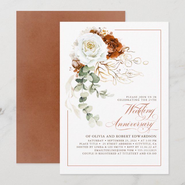 Invitación Terracotta and White Floral Wedding Anniversary (Anverso / Reverso)