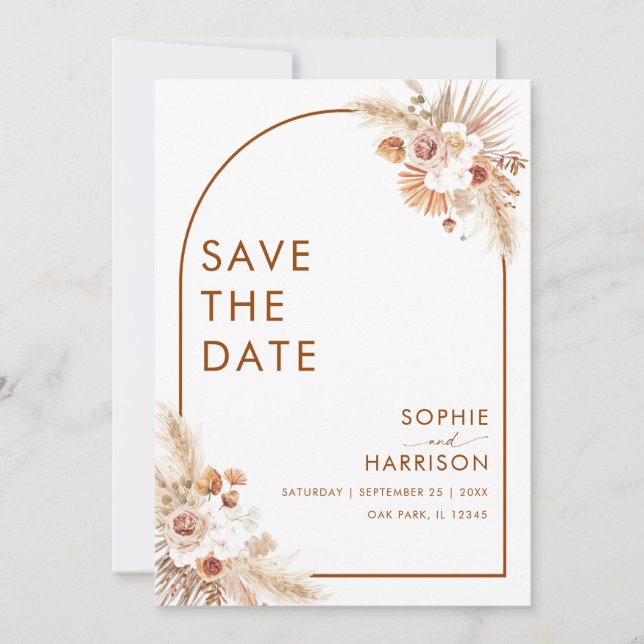 Invitación Terracotta Arch Boho Pampas Grass Save The Date (Anverso)