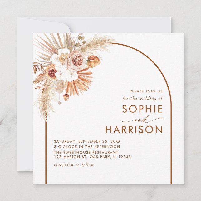 Invitación Terracotta Arch Boho Pampas Grass Square Boda (Anverso)