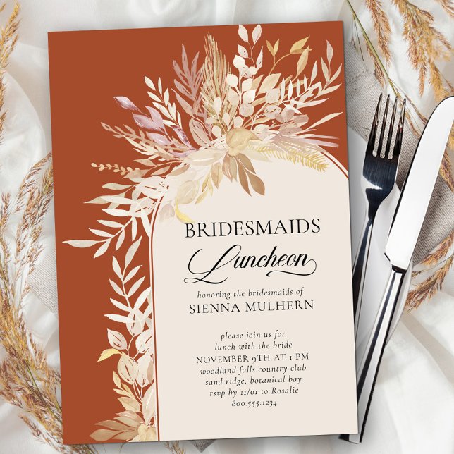 Invitación Terracotta Arco Botánico Bridesmaids Luncheon (Bridesmaids Luncheon invite in terracotta with modern wedding arch framed with neutral fall leaves)