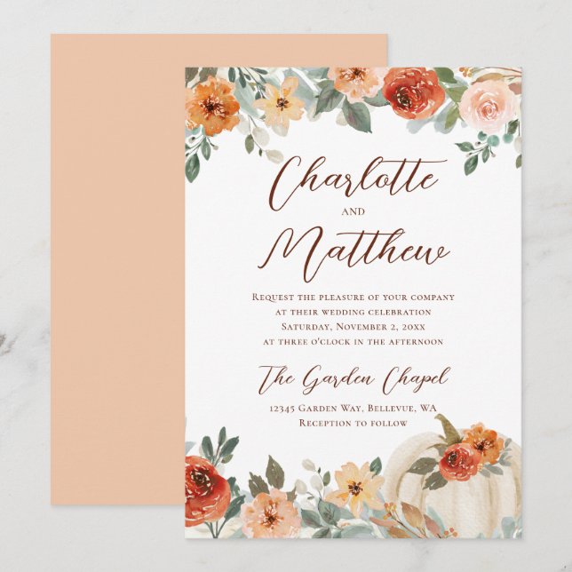 Invitación Terracotta Boda de Calabaza de Caída Floral (Anverso / Reverso)