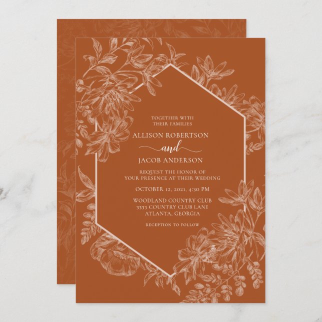 Invitación Terracotta Boda Floral Geométrica Todo En Uno (Anverso / Reverso)