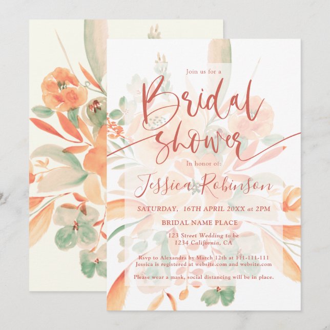 Invitación Terracotta boho acuarela floral ducha de novia en (Anverso / Reverso)
