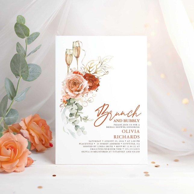 Invitación Terracotta Boho Brunch y Bubbly Bridal Shower (Brunch and Bubbly - Terracotta Floral Boho Bridal Shower Invitations)