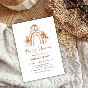 Invitación Terracotta Boho Bunny Rainbow Floral Baby Shower