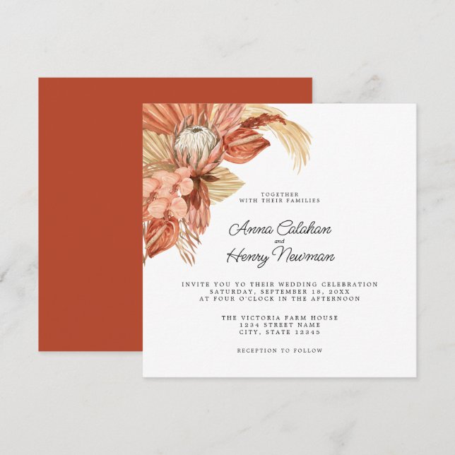 Invitación Terracotta Boho Dried Floral Pampas Boda (Anverso / Reverso)