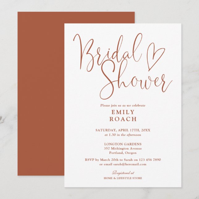 Invitación Terracotta Boho Elegant Script Bridal Shower (Anverso / Reverso)