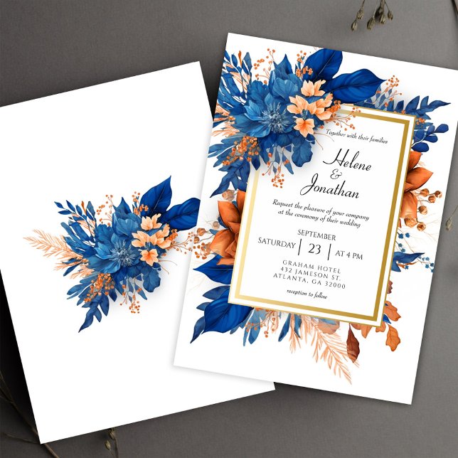 Invitación Terracotta Boho Elegant Wedding Naranja Azul de Co (Cobalt Blue Orange Terracotta Boho Elegant Wedding Invitation)
