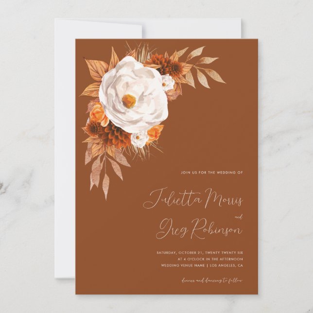 Invitación Terracotta Boho Fall Floral Código QR Boda de foto (Anverso)