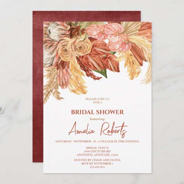 Invitación Terracotta Boho Floral Bridal Shower (Anverso / Reverso)