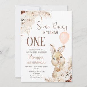 Invitación Terracotta Boho Floral Bunny Balloon 1º cumpleaños