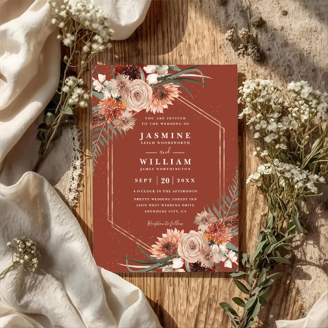 Invitación Terracotta Boho Floral Elegant QR Code Wedding (Subido por el creador)