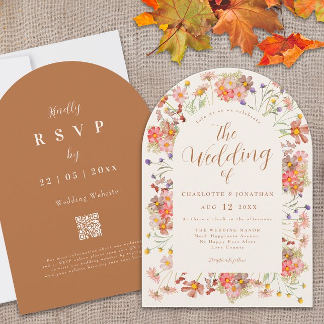 Invitación Terracotta Boho Floral Fall Wedding (Boho fall floral arch qr code Wedding invitation Watercolor wildflowers elegant script terracotta)