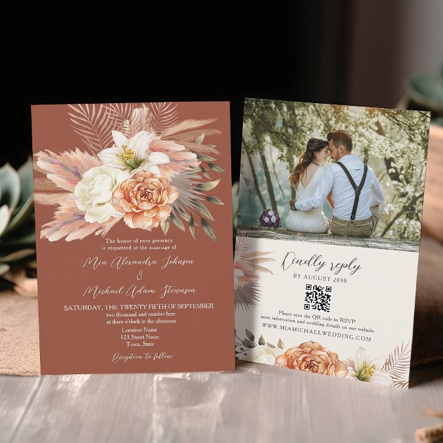 Invitación Terracotta Boho Floral QR Code Boda (Subido por el creador)