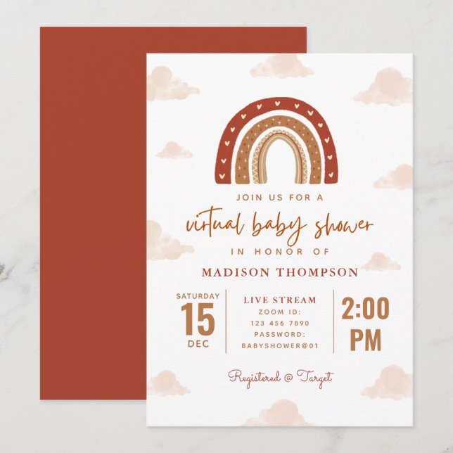 Invitación Terracotta Boho Nubes Arcoiris Virtual Baby Shower (Anverso / Reverso)