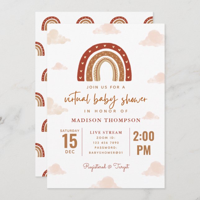 Invitación Terracotta Boho Nubes Arcoiris Virtual Baby Shower (Anverso / Reverso)