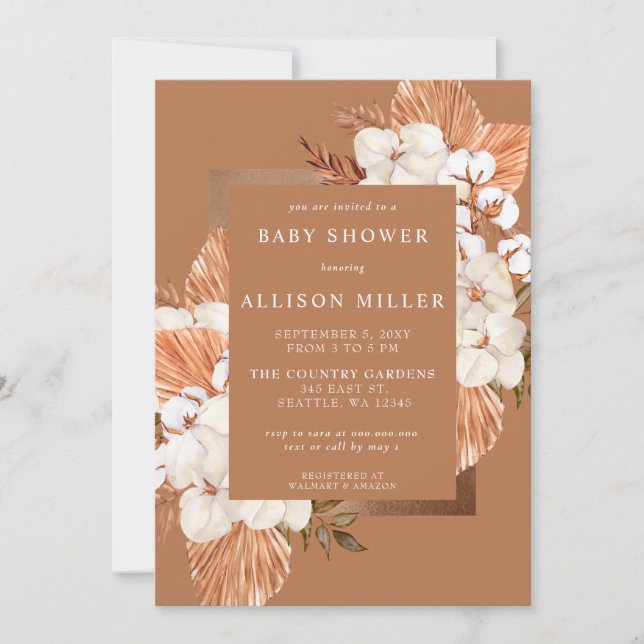 Invitación Terracotta Boho Pampas Género Neutral Baby Shower (Anverso)