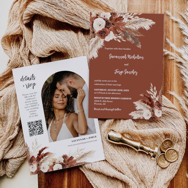Invitación Terracotta Boho Pampas Grass Arch Foto Código QR (Subido por el creador)