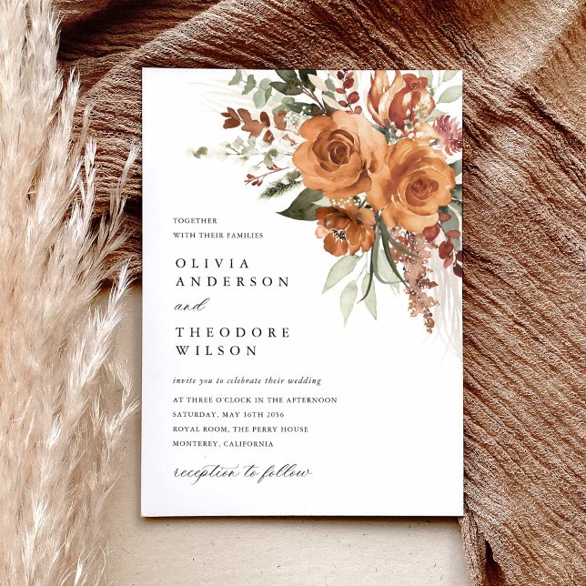 Invitación Terracotta Boho Rose Floral Watercolor Wedding (Terracotta rose floral wedding invitation with pampas accents, bohemian watercolor, modern classic)