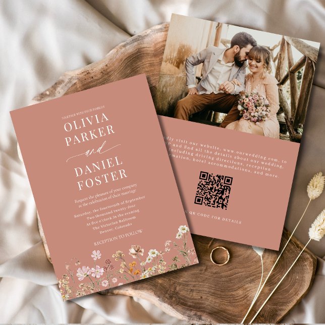 Invitación Terracotta Boho Wildflower Código QR Foto Boda (Subido por el creador)