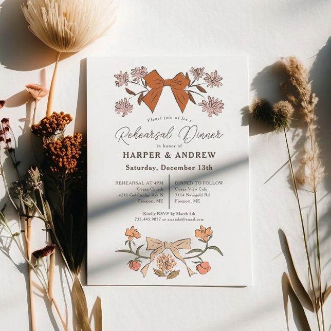 Invitación Terracotta Bows Blossom Boda ensayo Cena (Subido por el creador)