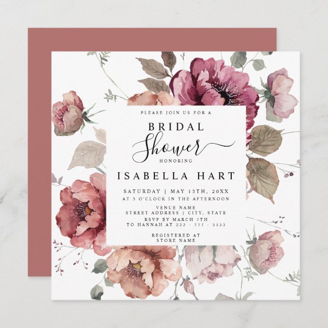 Invitación Terracotta Burgundy Fall Boho Floral Bridal Shower (Anverso / Reverso)