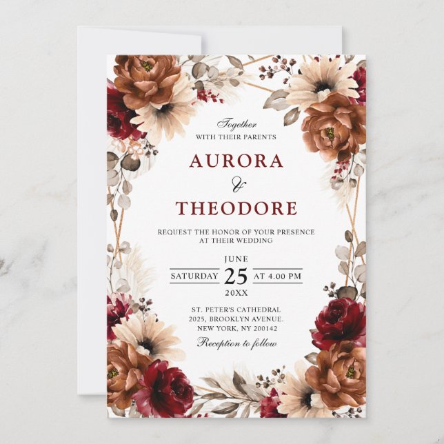Invitación Terracotta Burgundy Mauve Boda Geométrico Floral (Anverso)