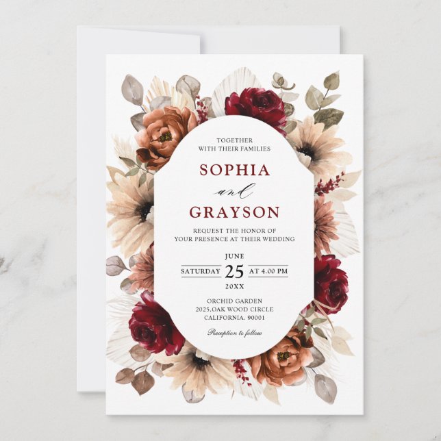 Invitación Terracotta Burgundy Mauve Boda Geométrico Floral (Anverso)