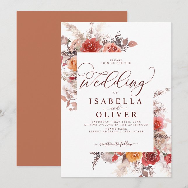 Invitación Terracotta Burgundy Naranja Boho Boda Invi (Anverso / Reverso)