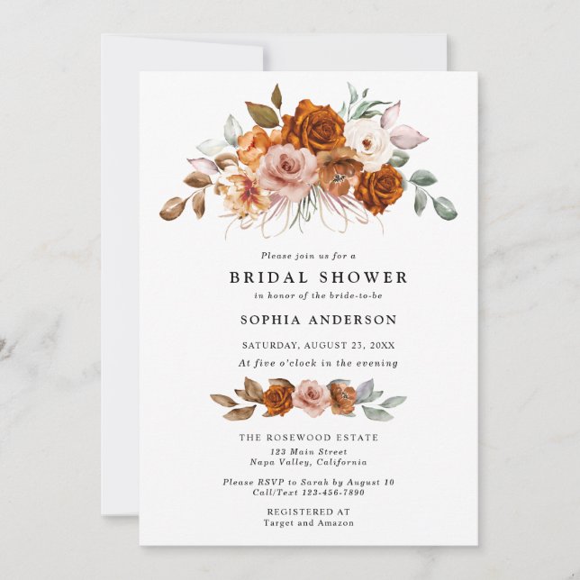 Invitación Terracotta Burnt Orange Floral Bridal Shower (Anverso)