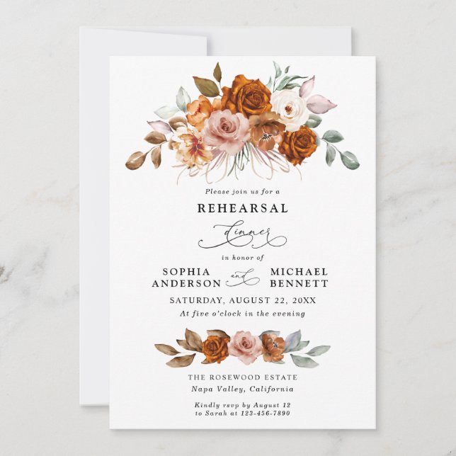 Invitación Terracotta Burnt Orange Floral Rehearsal Dinner (Anverso)
