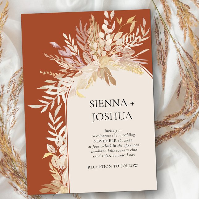 Invitación Terracotta Cream Elegante Boda del Arco Botánico (Simple modern wedding arch invitation in terracotta burnt orange with neutral fall leaves)