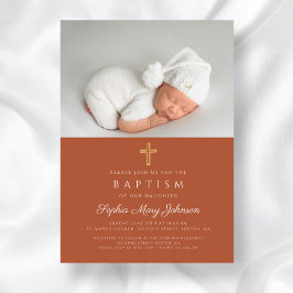 Invitación Terracotta Cruz Religiosa Foto Bautismo