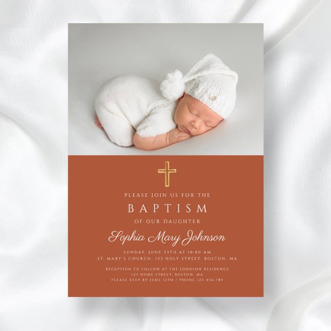 Invitación Terracotta Cruz Religiosa Foto Bautismo (Terracotta Religious Cross Photo Baptism Invitation)