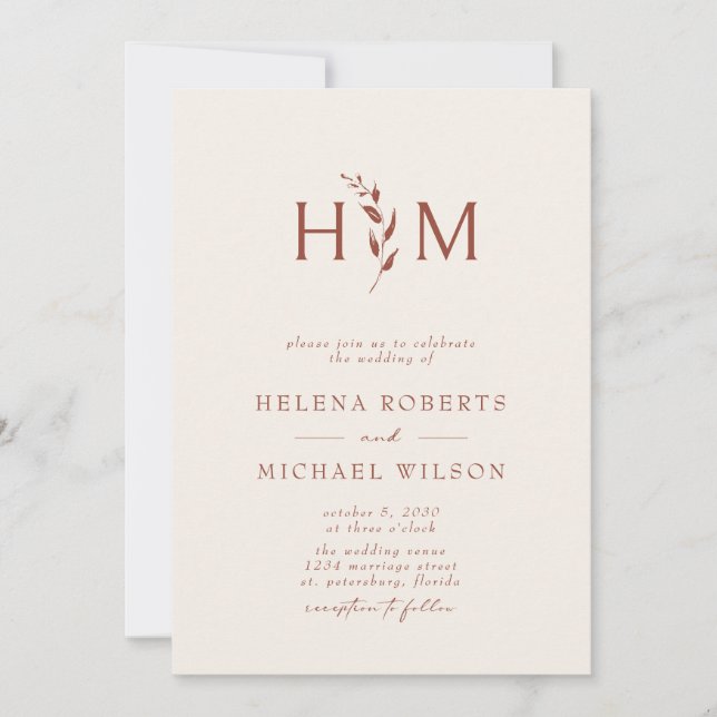 Invitación Terracotta Ecru Código QR Boda de monograma botáni (Anverso)