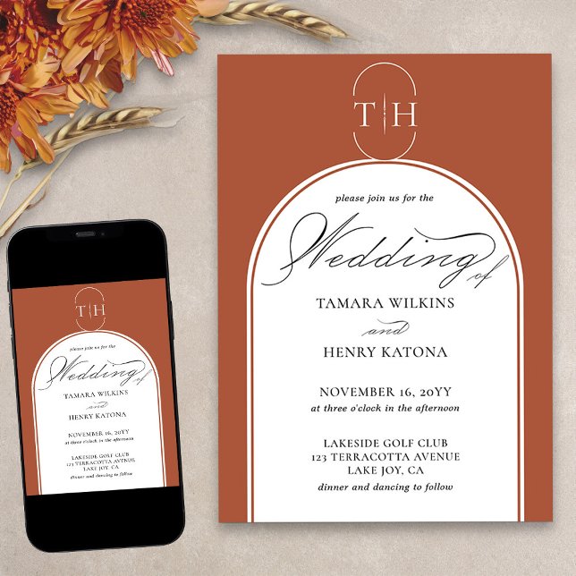 Invitación Terracotta Elegant Calligraphy Monogramado Boda (Elegant terracotta monogrammed wedding invitation from my Wedding Colors collection)