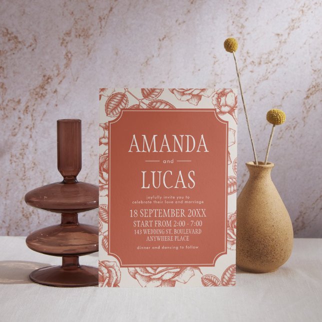 Invitación Terracotta Elegant Chinoiserie Boda (Terracotta Vintage Elegant Wedding Invitation)