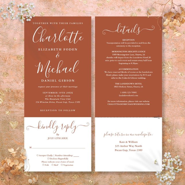 Invitación Terracotta Elegant Script Boda Todo en Uno  (Terracotta Elegant Script All In One Wedding Invitation)