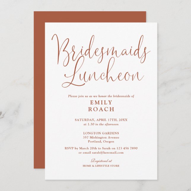 Invitación Terracotta Elegant Script Bridesmaids Luncheon (Anverso / Reverso)