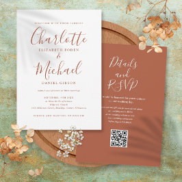 Invitación Terracotta Elegant Script QR Code Boda