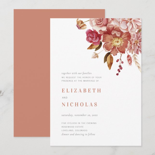 Invitación Terracotta Elegante acuarela Floral Boda (Anverso / Reverso)