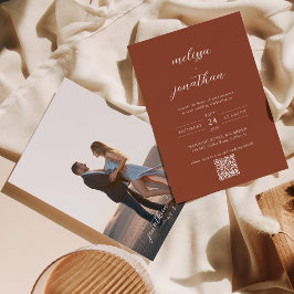 Invitación Terracotta Elegante Foto Código QR Rsvp y Boda