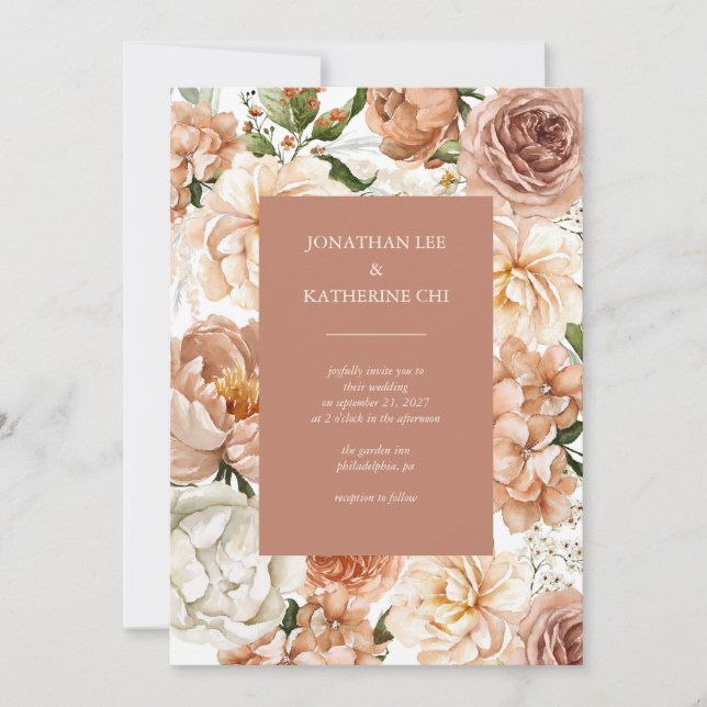 Invitación Terracotta elegante Rosa y Peonies (Anverso)