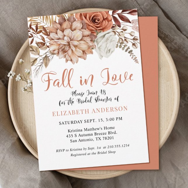 Invitación Terracotta Fall Boho Floral Bridal Shower (An elegant terracotta Autumn themed bridal shower invitation with the, words,"Fall in love")