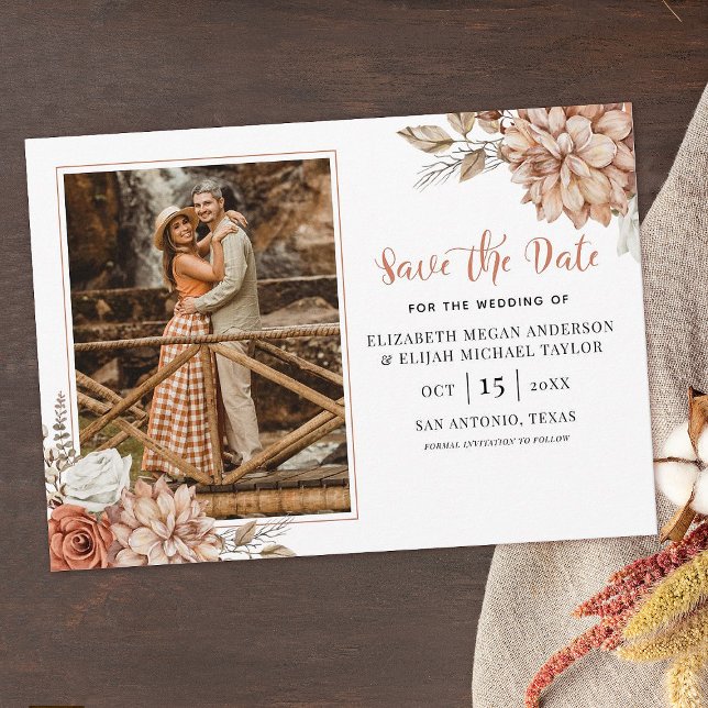 Invitación Terracotta Fall Boho Floral Photo Save the Date In (Subido por el creador)