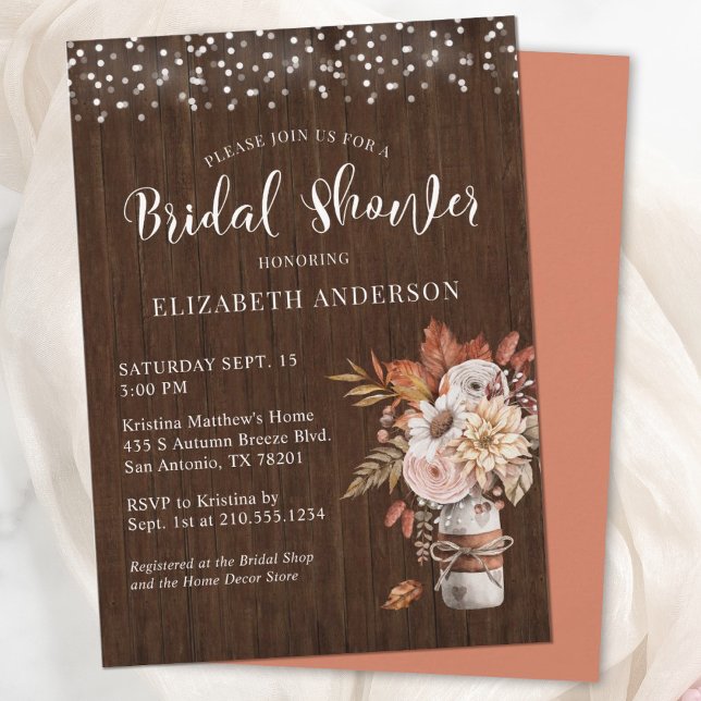 Invitación Terracotta Fall Floral Mason Jar Bridal Shower (An elegant and rustic Autumn bridal shower invitation, featuring a mason jar filled with flowers.)