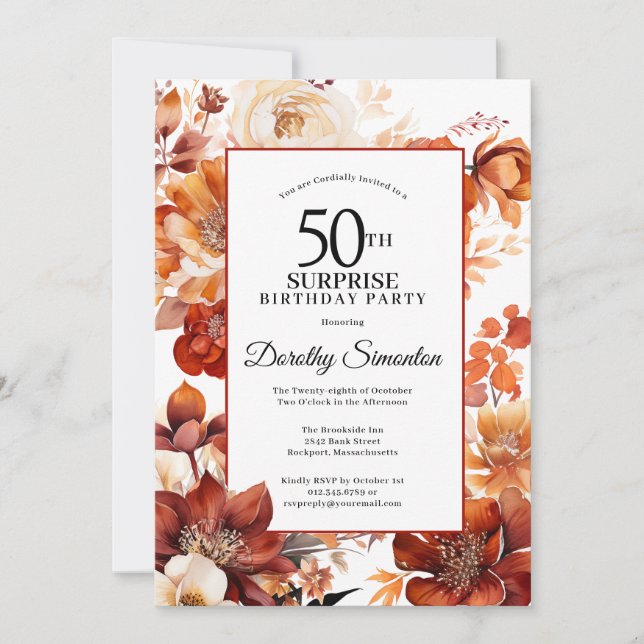 Invitación Terracotta Fall Flowers 50° cumpleaños sorpresa (Anverso)