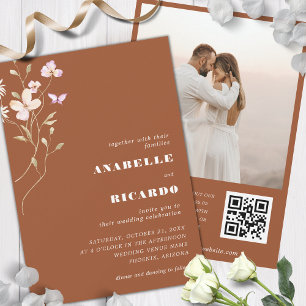 Invitación Terracotta Fall Wildflowers Foto Boda de código QR