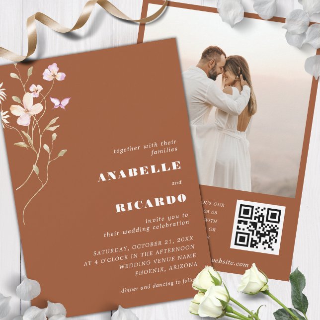 Invitación Terracotta Fall Wildflowers Foto Boda de código QR (Subido por el creador)