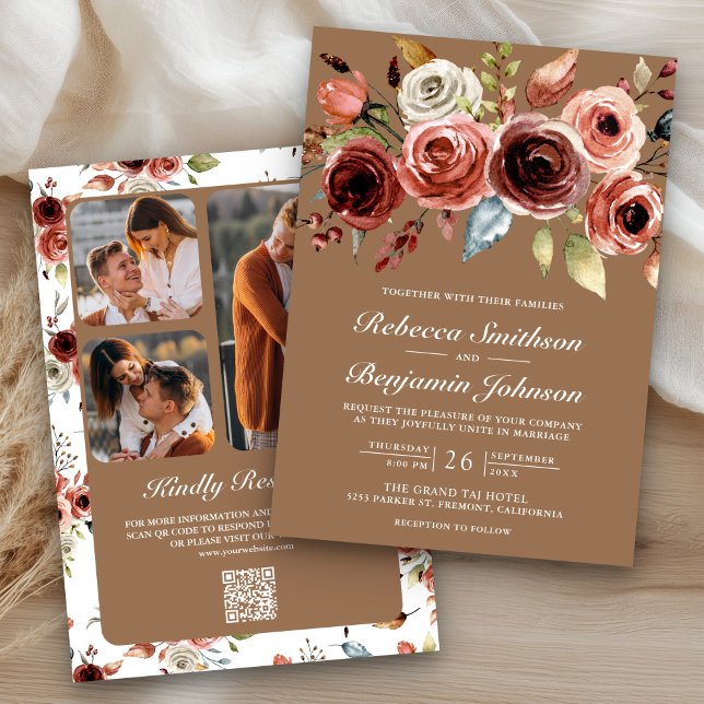 Invitación Terracotta Floral Beige Tan QR Code Wedding (Subido por el creador)